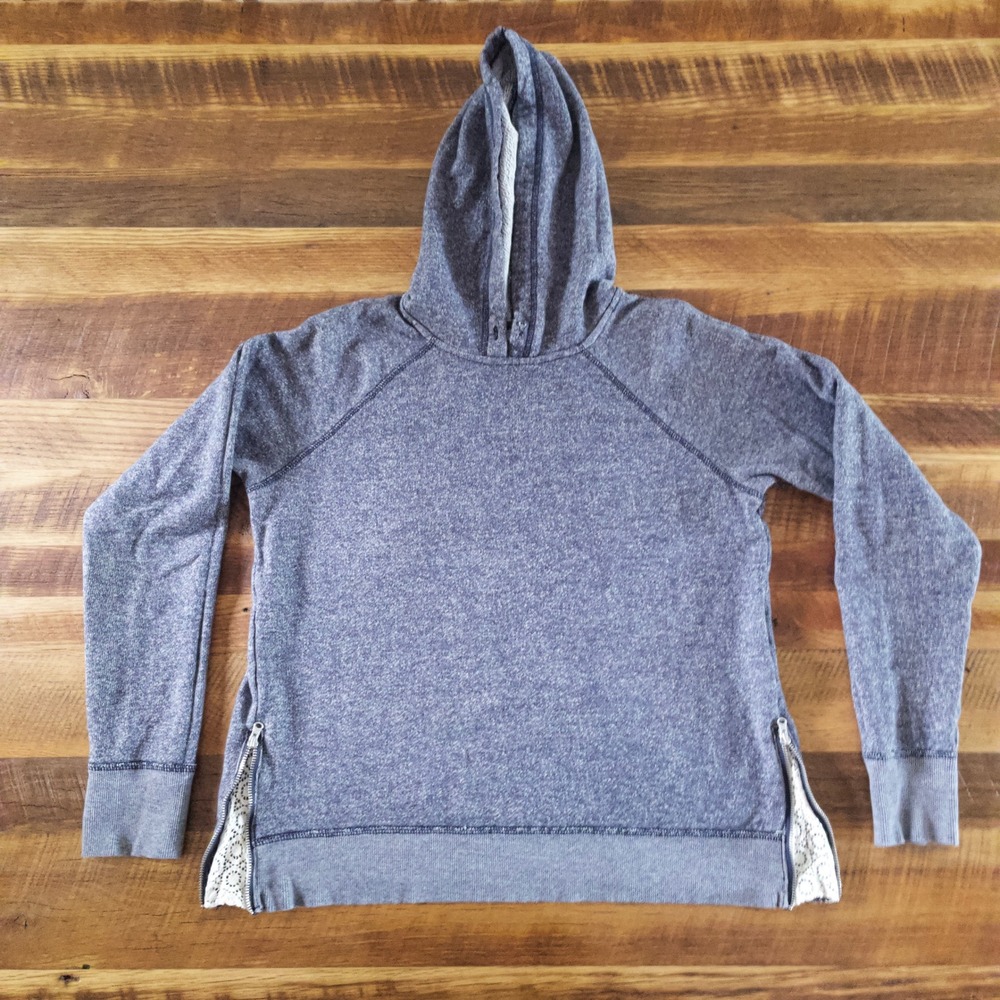 Aerie Hoodie Women Large Blue Marled Lace Side Zip Raglan Pullover Sweatshirt